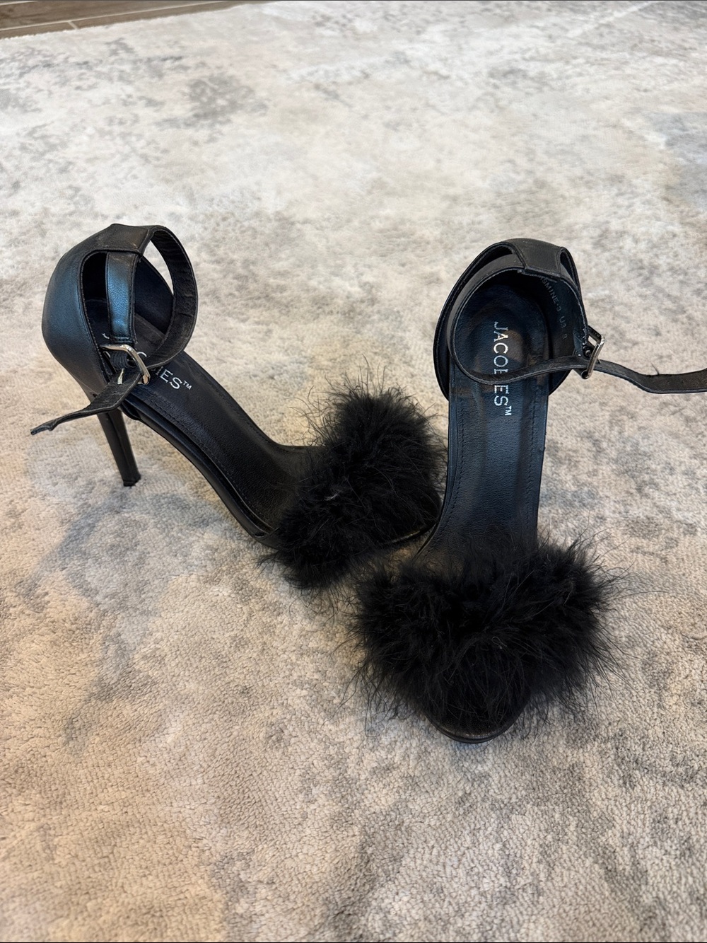 Never worn Black Feather-Trim - Ankle-Strap Stiletto Heels